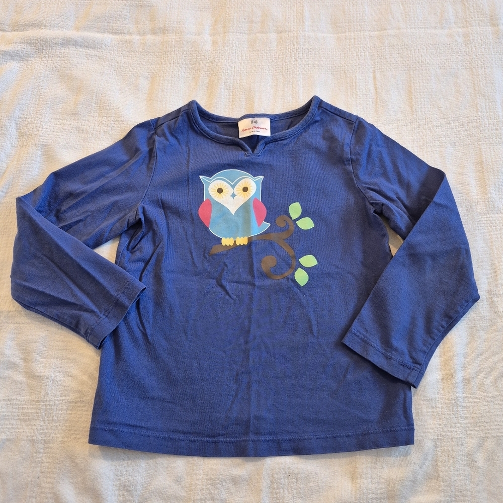 Hanna Andersson girls 110 or 5 blue long sleeve shirt owl VGUC